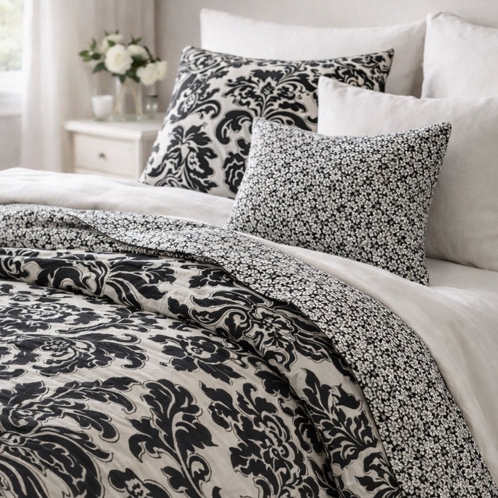 Ethan Allen, 100% linen,Elegant Black and White Floral Bedding Set